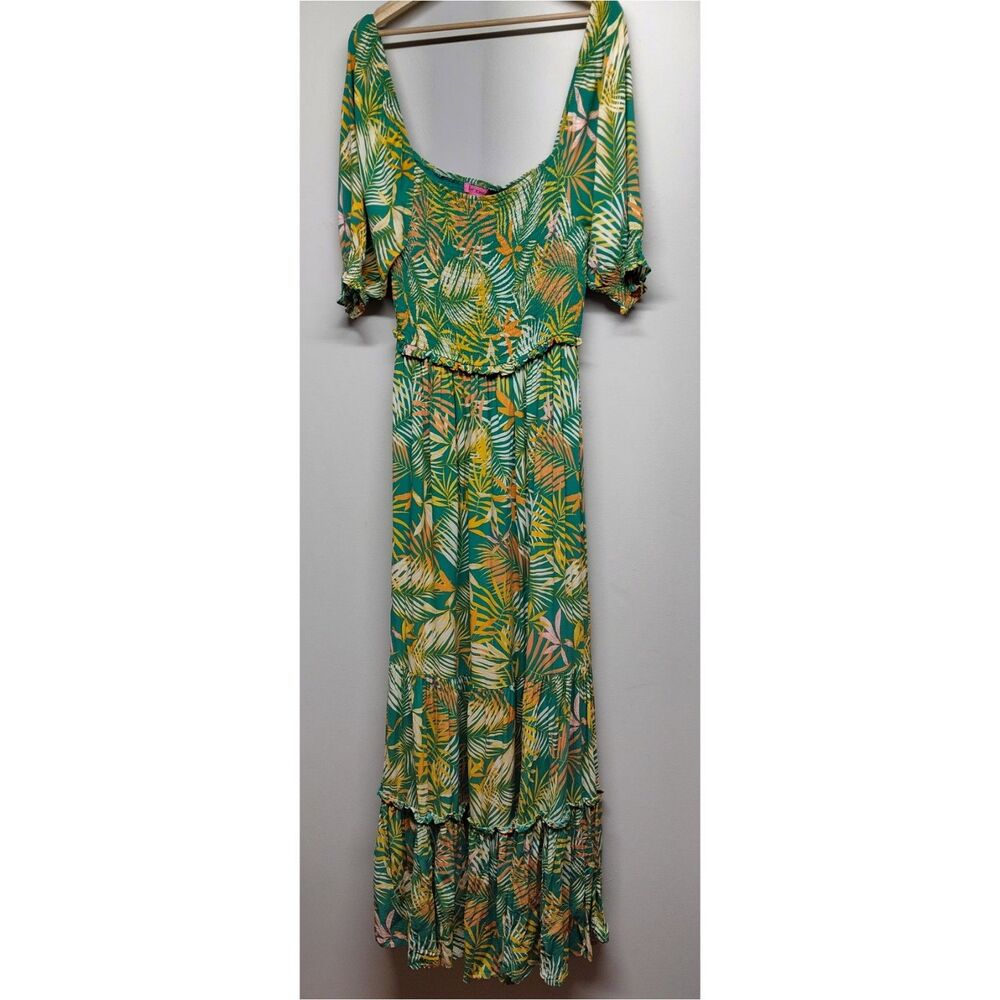 Betsey Johnson Maxi Dress Women Size XL Green Floral Short Sleeve Tropical